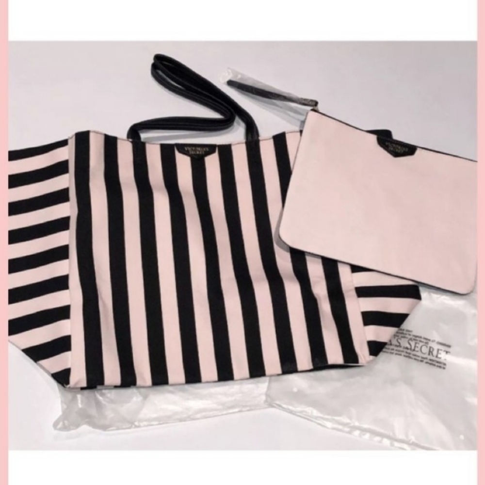 Victorias Secret Large Black & Pink Striped Large Bag NEW Rare - Picture 2 of 4